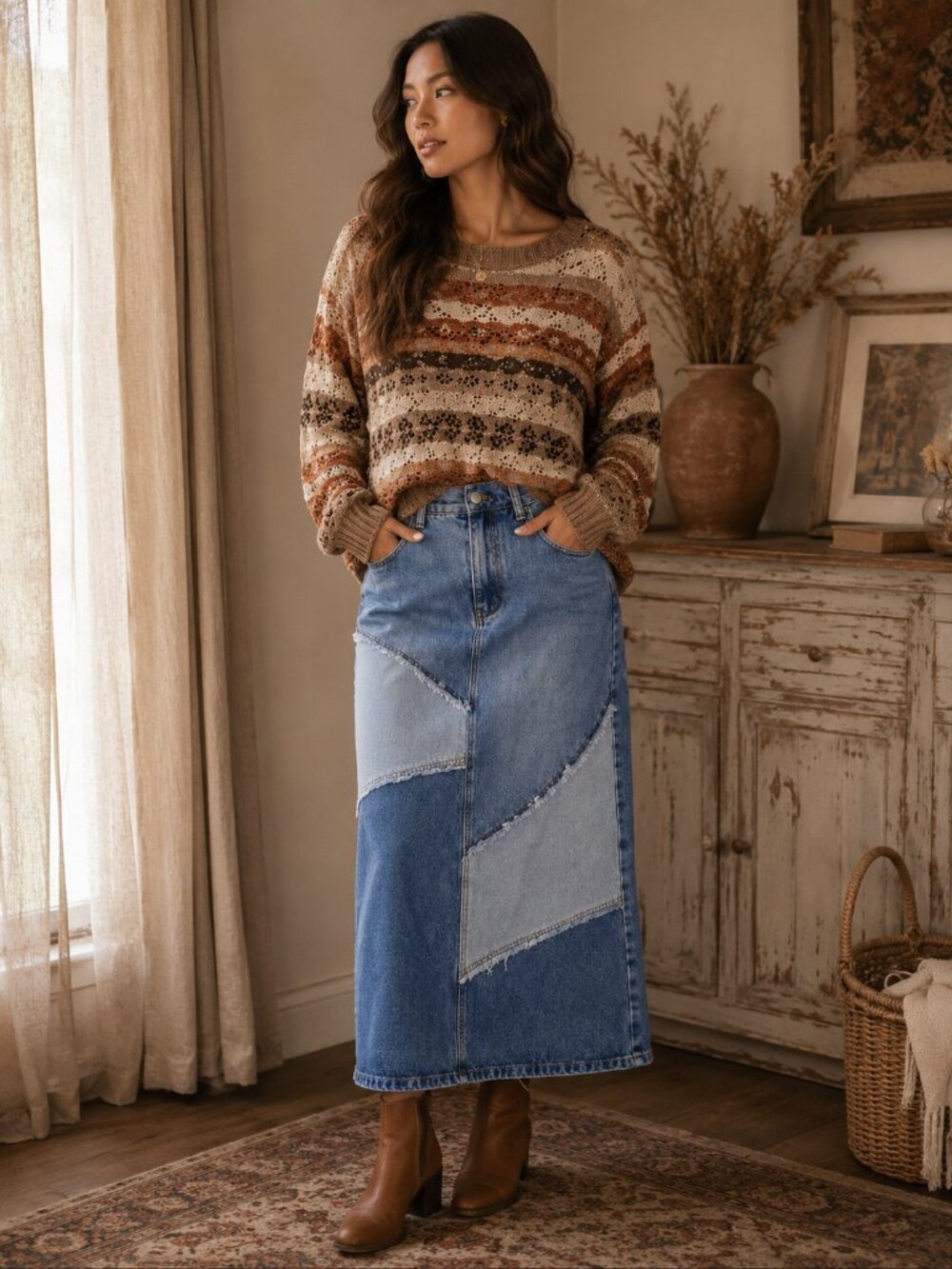 Cider Patchwork Denim Maxi Skirt